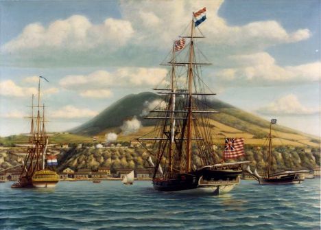 First official salute to the American flag on board the Andrea Doria in a foreign port, the Dutch fort at St. Eustatius, West Indies, 16 November 1776. 
