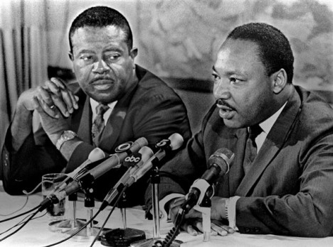 Dr. Martin Luther King Jr. and Rev. Ralph Abernathy (left) speak to the media Friday March 29, 1968 at the Holiday Inn-Rivermont. "We are going to have a massive nonviolent demonstration in Memphis," said Dr. King before flying back to Atlanta.