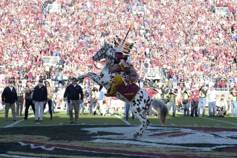 Florida State’s pre-game ritual, a tribute to Chief Osceola on horseback, was developed in consultation with the Seminole Tribe. (Phelan M. Ebenhack, Associated Press)